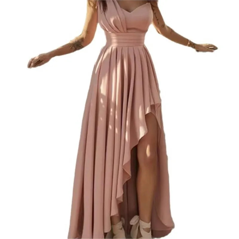Elegant Dress Vestidos Dresses 2026 Woman Off Shoulder Solid Color Sleeveless Banquet Irregular Hem Temperament Commuting Slim