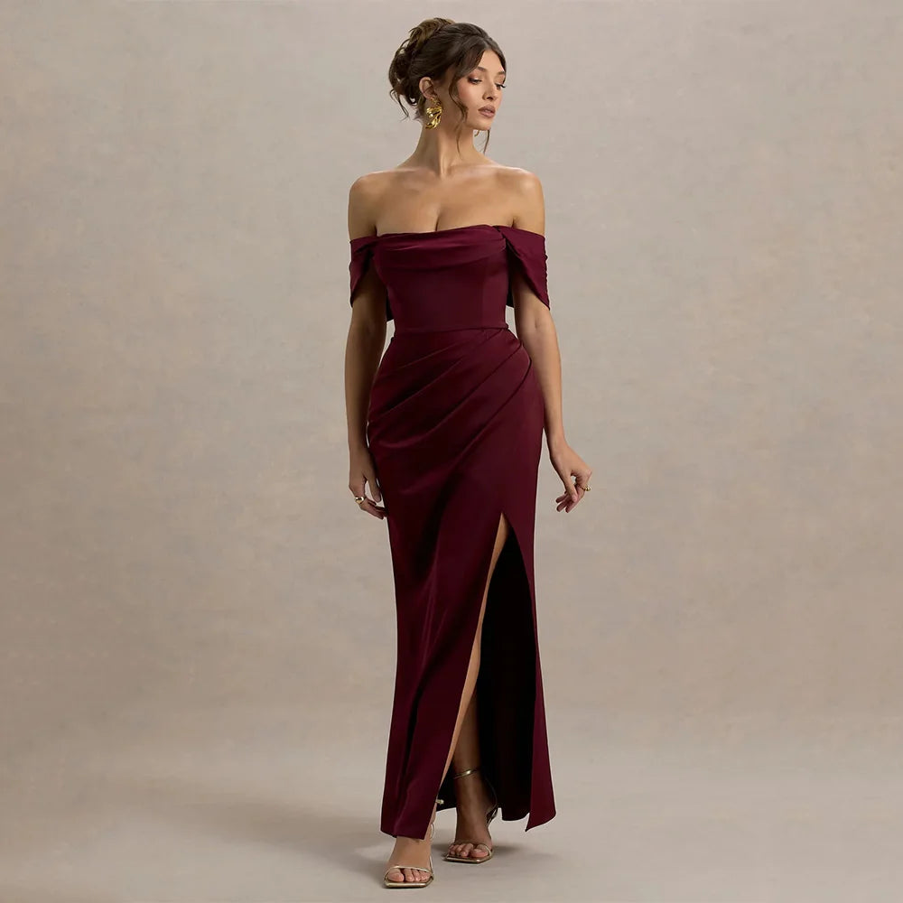 DRESS FORU Elegant Red Evening Dress Jersey for Floor-Length One Word Collar Prom Party Sheath Vestidos De Fiesta Customized